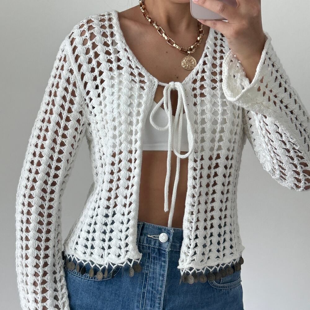 Crochet Cardigan Top Womens S/M White Boho Cottage Festival Coachella Cowgirl
